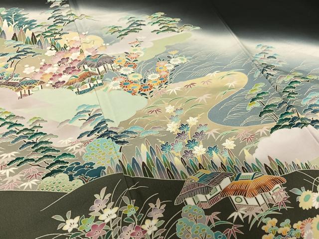 平和屋着物●豪華黒留袖　友禅　作家物　華峰　松竹梅風景文　暈し染め　正絹　逸品　AABC0174zg