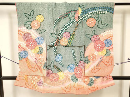 平和屋着物[]七五三　女の子　３歳　祝着　三つ身　花蝶文　暈し染め　金彩　洗える着物　DAAY3116ma