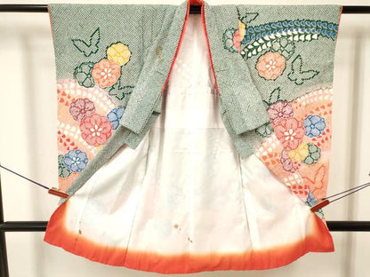 平和屋着物[]七五三　女の子　３歳　祝着　三つ身　花蝶文　暈し染め　金彩　洗える着物　DAAY3116ma