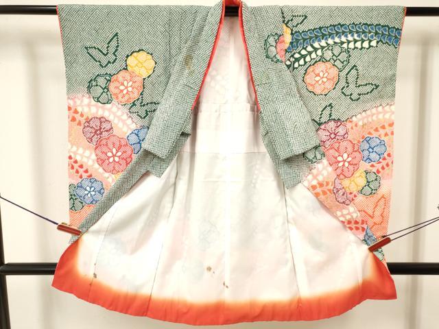 平和屋着物[]七五三　女の子　３歳　祝着　三つ身　花蝶文　暈し染め　金彩　洗える着物　DAAY3116ma