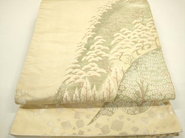 平和屋着物◎六通柄袋帯 樹林桜松文 銀糸 正絹 逸品 DAAY6101ea