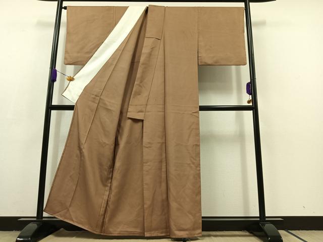平和屋着物▽お召　単衣　白茶色　正絹　逸品　AABC8682jh