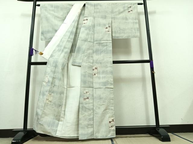 平和屋着物▽上質な紬 単衣 短冊流水文 正絹 逸品 AABC7506jh
