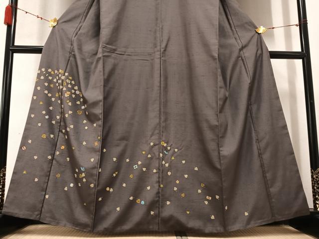 平和屋着物●訪問着　紬地　手描き　舞葉文　正絹　逸品　AABC6857ph