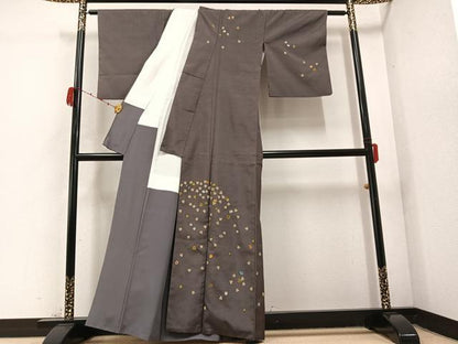 平和屋着物●訪問着　紬地　手描き　舞葉文　正絹　逸品　AABC6857ph