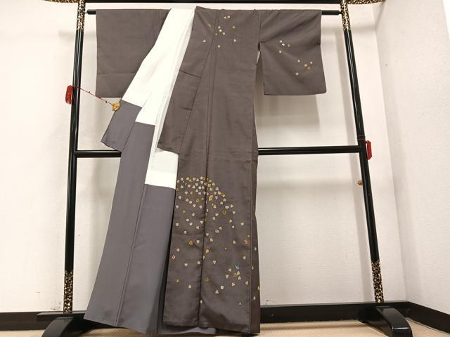 平和屋着物●訪問着　紬地　手描き　舞葉文　正絹　逸品　AABC6857ph
