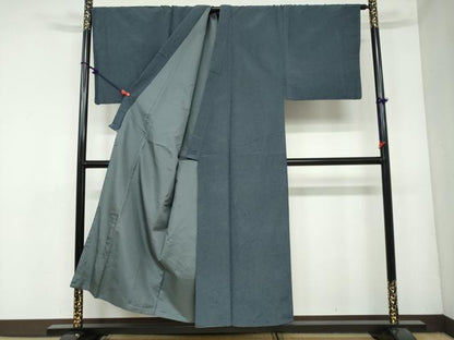 平和屋着物●男性　髭紬　アンサンブル　長羽織　藍鼠色　キングサイズ　正絹　逸品　DAAY5424ud