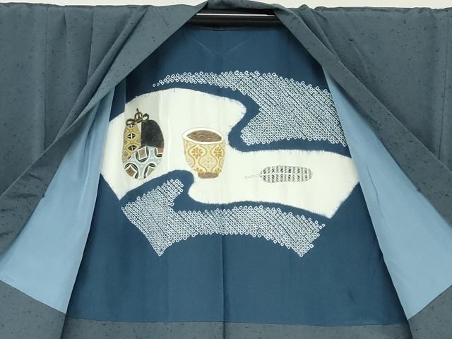 平和屋着物●男性　髭紬　アンサンブル　長羽織　藍鼠色　キングサイズ　正絹　逸品　DAAY5424ud