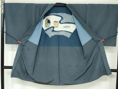 平和屋着物●男性　髭紬　アンサンブル　長羽織　藍鼠色　キングサイズ　正絹　逸品　DAAY5424ud