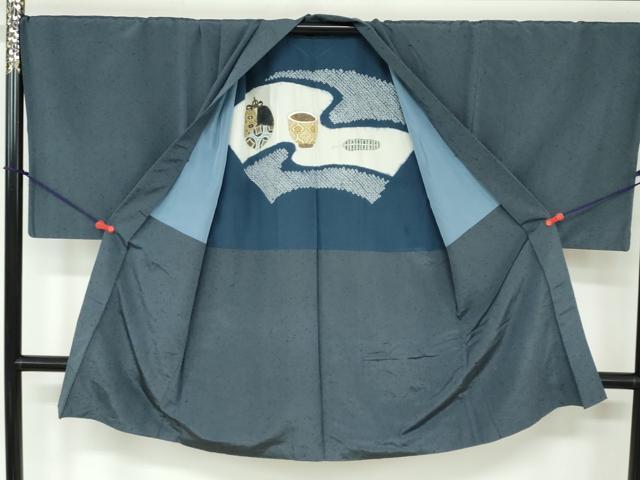 平和屋着物●男性　髭紬　アンサンブル　長羽織　藍鼠色　キングサイズ　正絹　逸品　DAAY5424ud