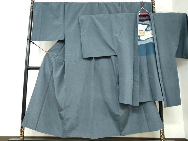 平和屋着物●男性　髭紬　アンサンブル　長羽織　藍鼠色　キングサイズ　正絹　逸品　DAAY5424ud
