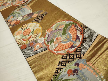 平和屋着物▼六通柄袋帯　唐織　慶祥典雅文　黒地　金糸　引箔　正絹　逸品　AABC6279wj