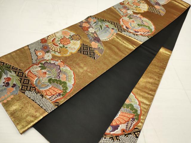平和屋着物▼六通柄袋帯　唐織　慶祥典雅文　黒地　金糸　引箔　正絹　逸品　AABC6279wj