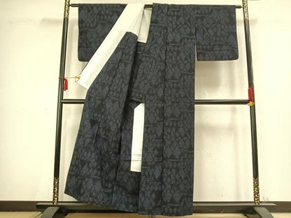 平和屋着物▽上質な紬　単衣　幾何学文様　正絹　逸品　AABC3809fy