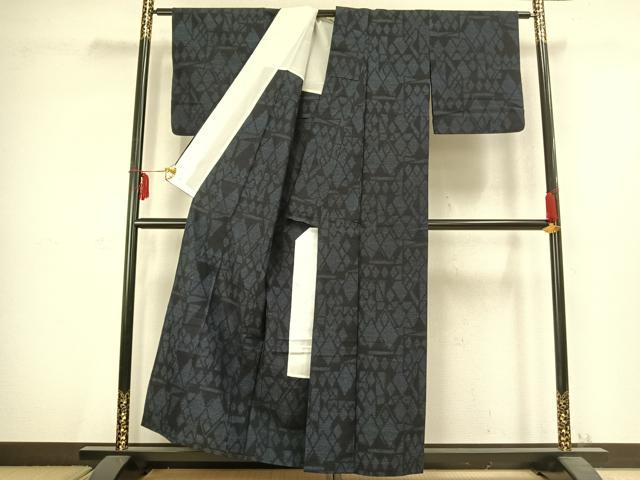 平和屋着物▽上質な紬　単衣　幾何学文様　正絹　逸品　AABC3809fy