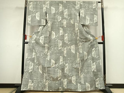 平和屋着物▽上質な紬 単衣 草花文 正絹 逸品 AABC3810fy