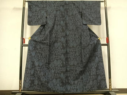 平和屋着物▽上質な紬　単衣　幾何学文様　正絹　逸品　AABC3809fy