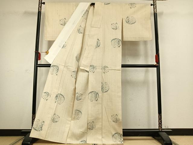 平和屋着物▽生紬　単衣　こけし　正絹　逸品　AABC3815fy