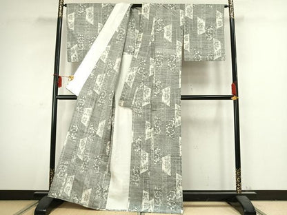 平和屋着物▽上質な紬 単衣 草花文 正絹 逸品 AABC3810fy
