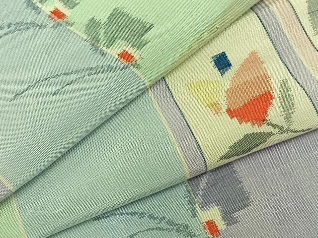 平和屋着物▽上質な紬 単衣 色紙花蝶文 正絹 逸品 AABC3781fy