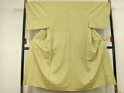 平和屋着物▽男性 紬 単衣 色無地 枯草色 三越扱い キングサイズ 正絹 逸品 AABC3787fy