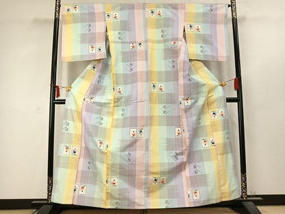 平和屋着物▽上質な紬 単衣 色紙花蝶文 正絹 逸品 AABC3781fy