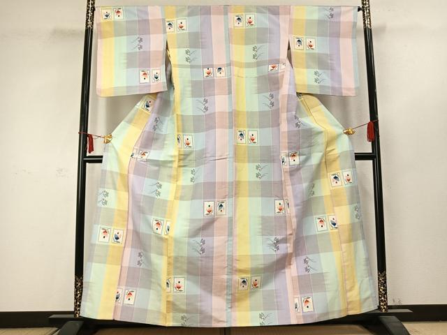 平和屋着物▽上質な紬 単衣 色紙花蝶文 正絹 逸品 AABC3781fy