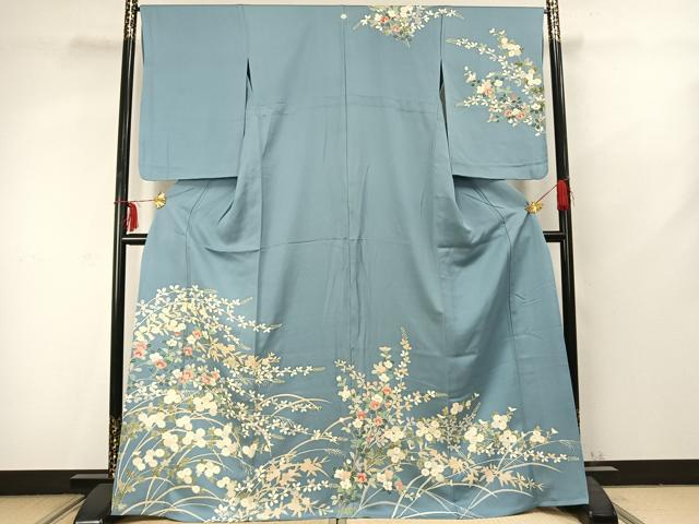 平和屋着物▽訪問着 単衣 草花文 正絹 逸品 AABC3786fy
