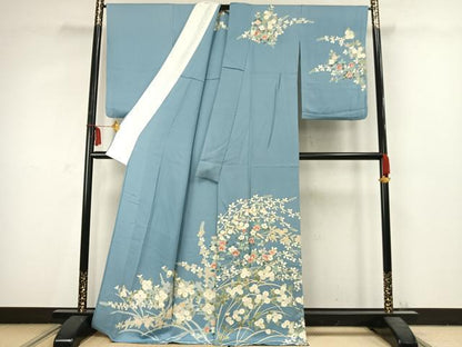平和屋着物▽訪問着 単衣 草花文 正絹 逸品 AABC3786fy