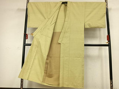 平和屋着物▽男性 紬 単衣 色無地 枯草色 三越扱い キングサイズ 正絹 逸品 AABC3787fy