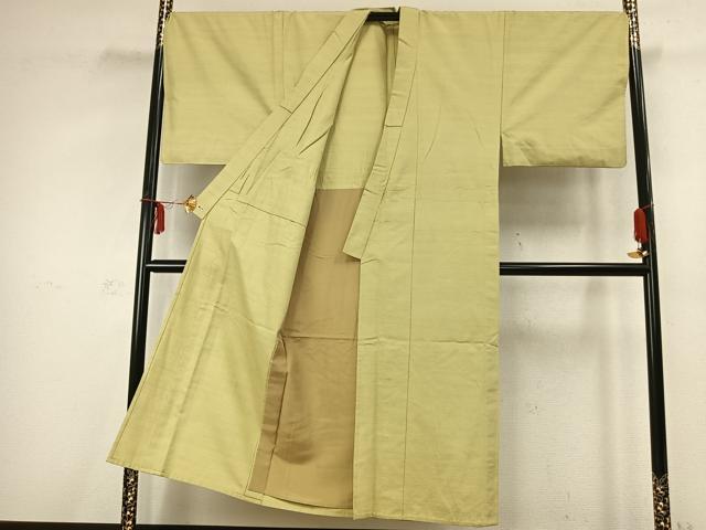 平和屋着物▽男性 紬 単衣 色無地 枯草色 三越扱い キングサイズ 正絹 逸品 AABC3787fy