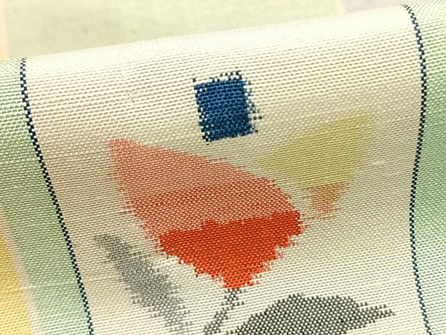 平和屋着物▽上質な紬 単衣 色紙花蝶文 正絹 逸品 AABC3781fy