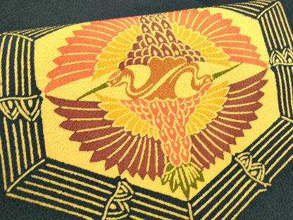 平和屋着物●九寸名古屋帯　型染　吉祥向かい鶴文　鬼しぼ縮緬　正絹　逸品　DAAY8241cm