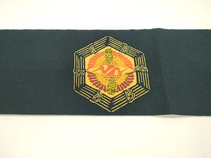 平和屋着物●九寸名古屋帯　型染　吉祥向かい鶴文　鬼しぼ縮緬　正絹　逸品　DAAY8241cm