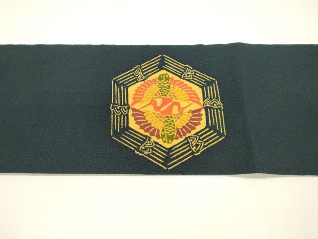 平和屋着物●九寸名古屋帯　型染　吉祥向かい鶴文　鬼しぼ縮緬　正絹　逸品　DAAY8241cm