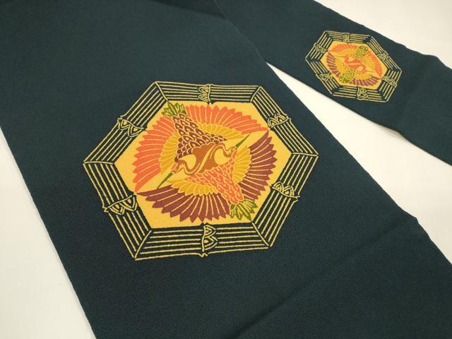 平和屋着物●九寸名古屋帯　型染　吉祥向かい鶴文　鬼しぼ縮緬　正絹　逸品　DAAY8241cm