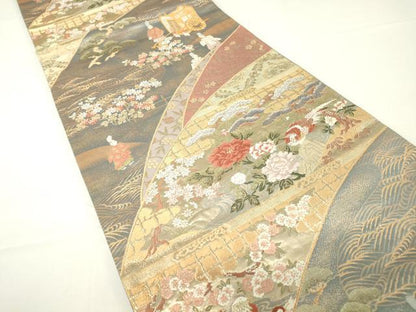 平和屋着物▼六通柄袋帯　宮中絵巻文　金糸　正絹　逸品　DAAX3988az
