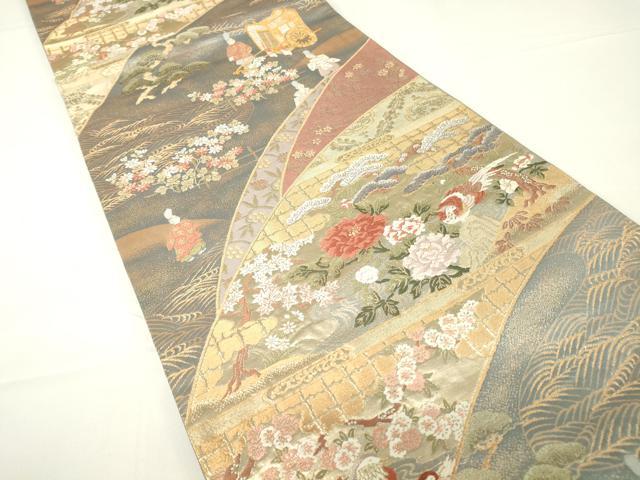 平和屋着物▼六通柄袋帯　宮中絵巻文　金糸　正絹　逸品　DAAX3988az
