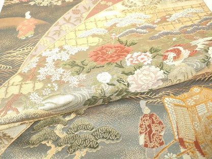 平和屋着物▼六通柄袋帯　宮中絵巻文　金糸　正絹　逸品　DAAX3988az