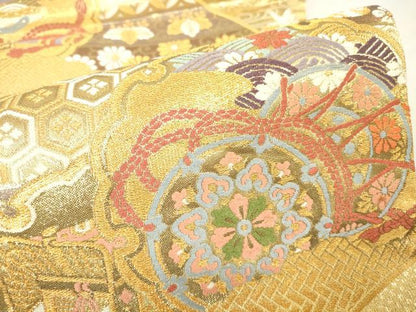 平和屋着物▼六通柄袋帯　鼓鳳凰花文　金糸　正絹　逸品　DAAY9006az