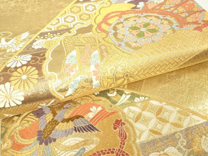 平和屋着物▼六通柄袋帯　鼓鳳凰花文　金糸　正絹　逸品　DAAY9006az