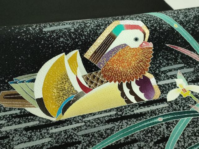 平和屋着物○極上 人間国宝・羽田登喜男 太鼓柄袋帯 鴛鴦花文 黒地