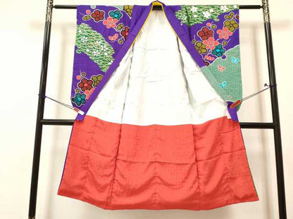 平和屋着物[]七五三　女の子　７歳　祝着　四つ身　襦袢(単衣・半衿刺繍)・袋帯セット　駒刺繍　花蝶雪芝文　金彩　逸品　DAAY3120ma