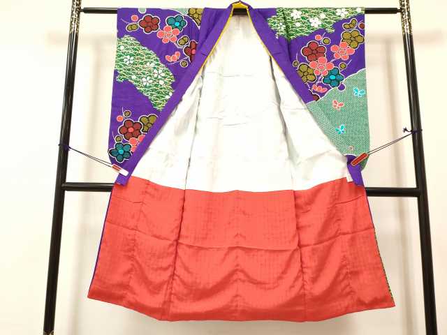 平和屋着物[]七五三　女の子　７歳　祝着　四つ身　襦袢(単衣・半衿刺繍)・袋帯セット　駒刺繍　花蝶雪芝文　金彩　逸品　DAAY3120ma