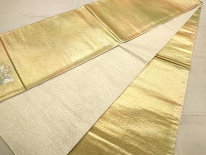 平和屋着物◎全通柄袋帯　螺鈿花ごのみ　金糸　正絹　逸品　AABC3048dt