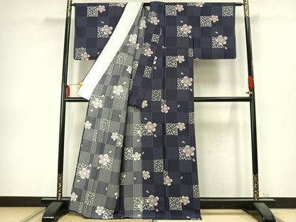 平和屋着物▽小紋　単衣　市松桜文　洗える着物　AABC3830fy