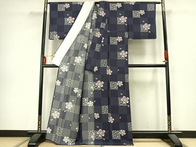 平和屋着物▽小紋　単衣　市松桜文　洗える着物　AABC3830fy