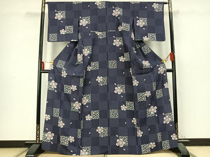 平和屋着物▽小紋　単衣　市松桜文　洗える着物　AABC3830fy
