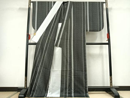 平和屋着物▽上質な紬 単衣 間道 ロング丈 正絹 逸品 AABC3854fy