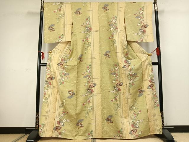 平和屋着物▽上質な小紋 単衣 扇面花文 金彩 正絹 逸品 AABC3862fy